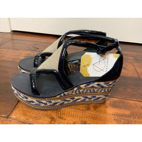 Tory Burch Navy Blue Patent Leather Tribal Espadrille Jute Wedge Sandals Size 9 - Picture 2 of 7